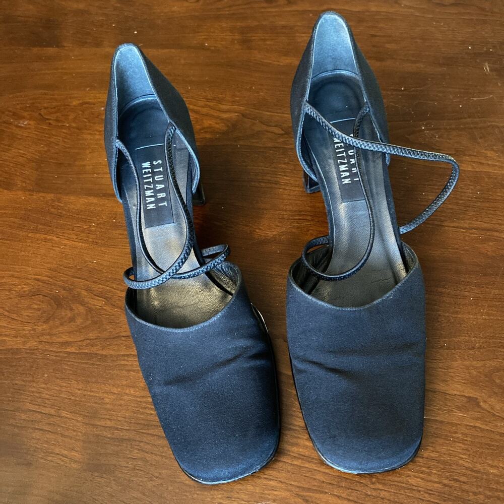 Stuart Weitzman 9 Black Heel Fabric Criss-Cross Strap Block 2W01994 Shoes VGC